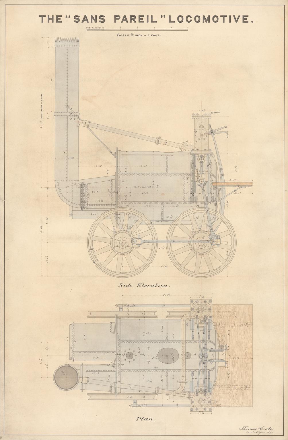 A working drawing of the plan and side elevation of Timothy Hackworth's "Sans Pareil" locomotive