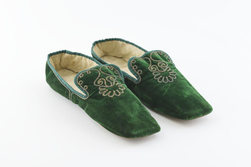 Pair of Queen Victoria's green velvet slippers