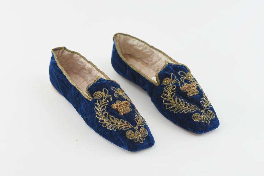 Pair of Queen Victoria's blue velvet slippers