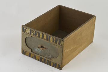 Wooden drawer with 2 painted labels