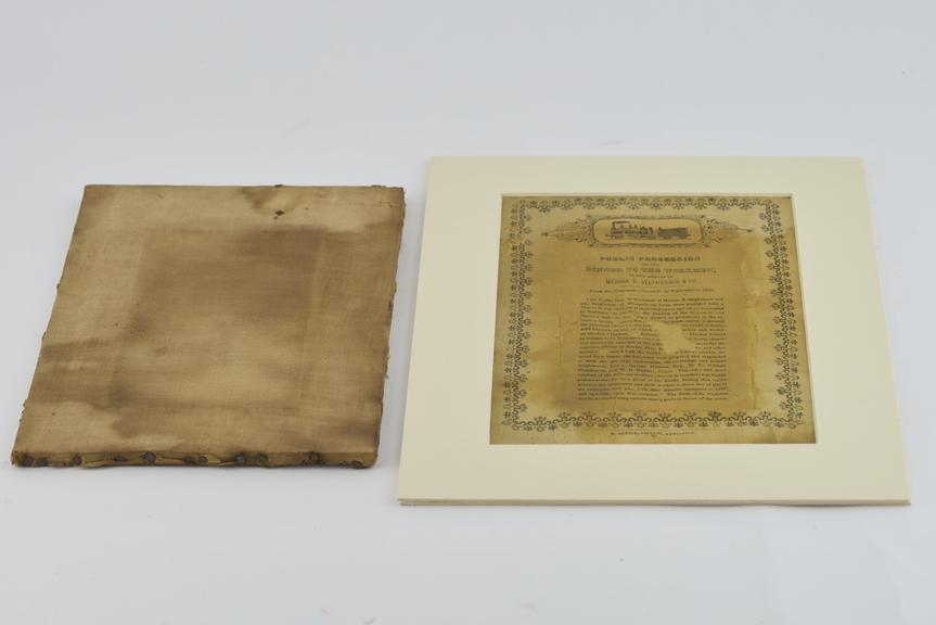 Silk panel; copy of an entry in the Newcastle Chronicle of 6 September 1845; "Public Procession of