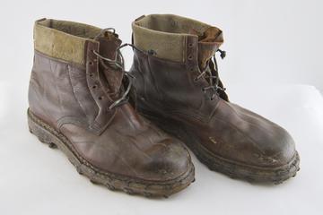 Pair of special lightweight double clinker nailed climbing boots used on the 1933 Everest expedition