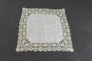 Square lawn handkerchief with deep Venetian style lace border