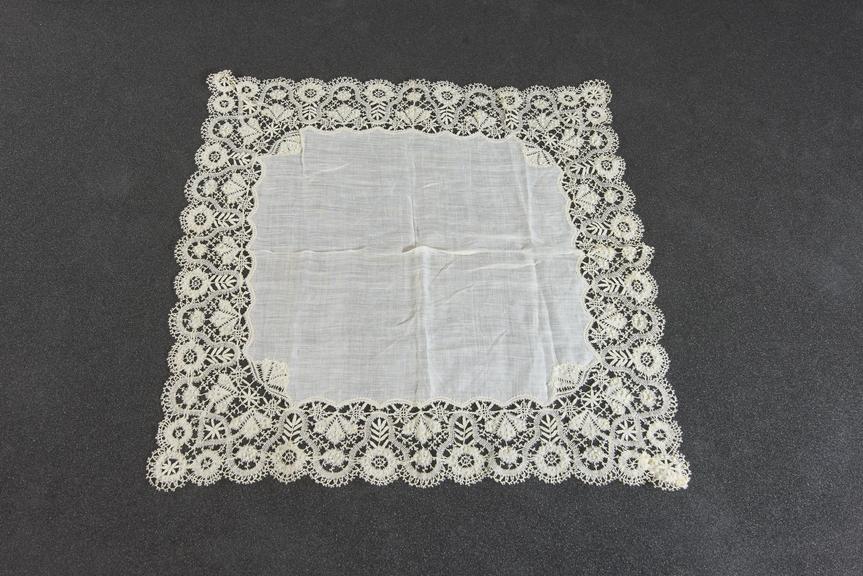 Square lawn handkerchief with deep Venetian style lace border