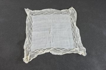 Square lawn handkerchief bordered with double band of Valenciennes style lace