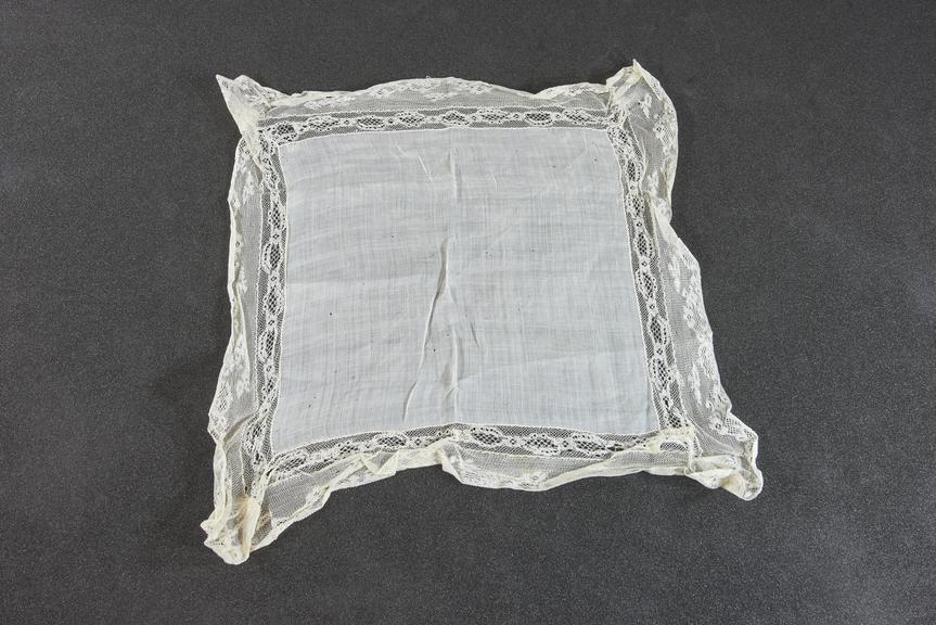 Square lawn handkerchief bordered with double band of Valenciennes style lace