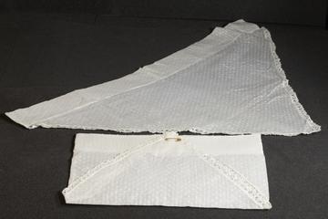 Two white spotted voile triangular caps with thin lace edging, 1935-1950
