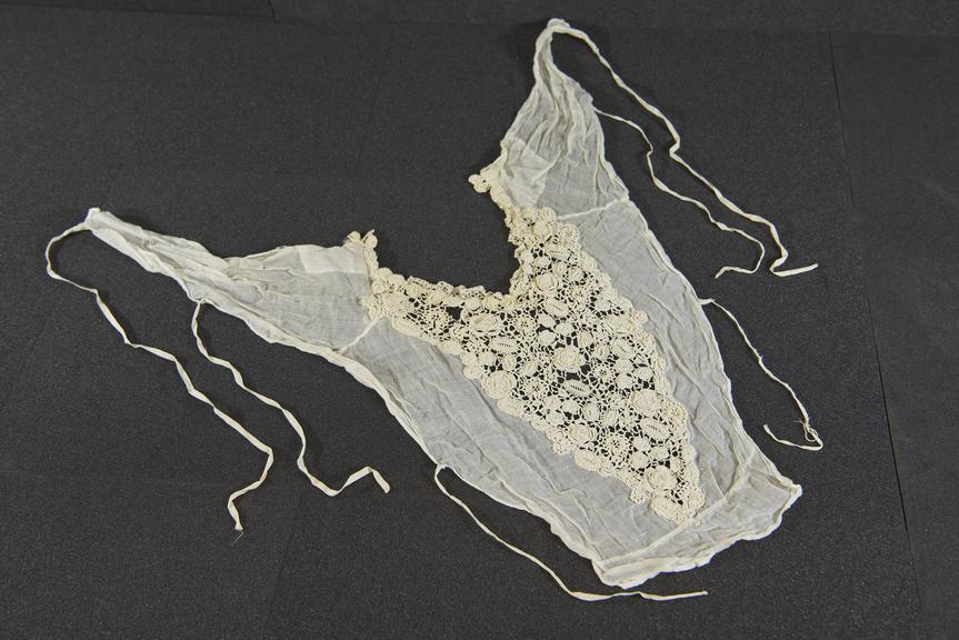 Modesty bodice with guipure lace front and neck edging similar to Venetian needlepoint