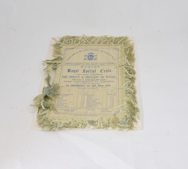 Silk timetable, London Brighton & South Coast Railway, Return home of HRH The Prince of Wales
