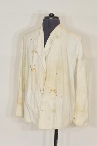 White drill cotton jacket buttoning up to neck