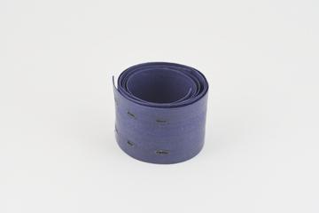 Two navy blue stiffened stitched linen belts with buttonholes