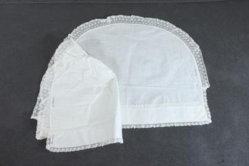 Two white cotton caps with lace edging in heart design, 1935-1950