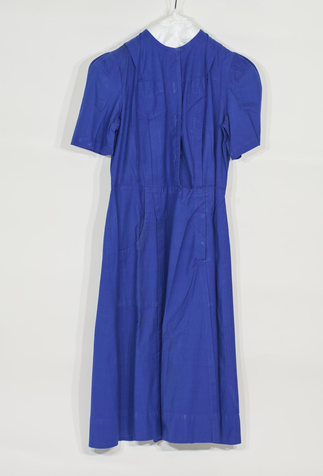 Royal blue short-sleeved dress of nurse's uniform