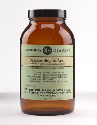 Glass bottle for sulphosalicylic acid