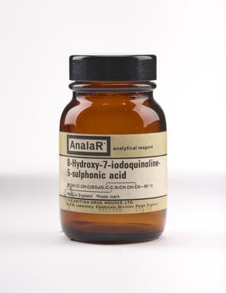 Empty bottle for 8-hydroxy 7-iodoquinone 5sulphonic acid