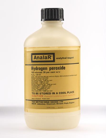 An empty polythene bottle for hydrogen peroxide.