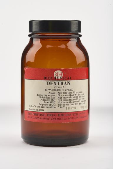 An empty brown glass bottle for dextran.