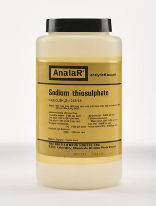 An empty plastic bottle for sodium thiosulphate.
