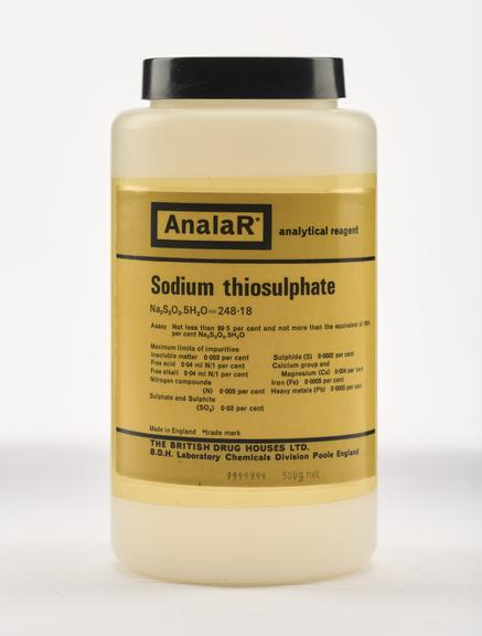 An empty plastic bottle for sodium thiosulphate.
