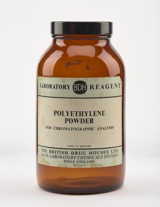 An empty brown glass bottle for polyethylene.