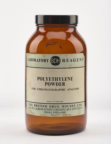 An empty brown glass bottle for polyethylene.