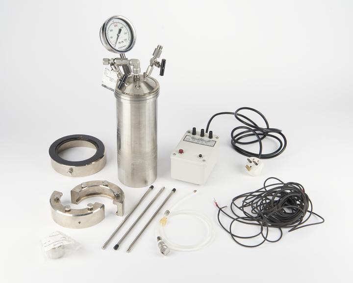 Combustion 'bomb', a vessel for measuring the energy of samples, used for carbon dating by the British Museum, 1996