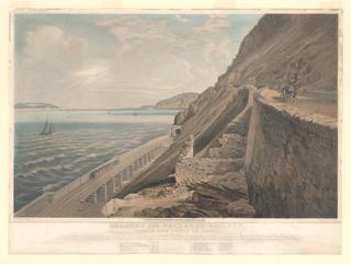 Colour lithograph 'Penmaenmawr Viaduct and Tunnel', by S Russell, 1849