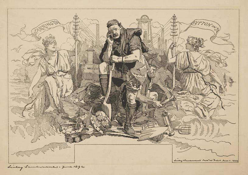 Caricature of navvy resting on shovel during the construction of the LD&EC Railway