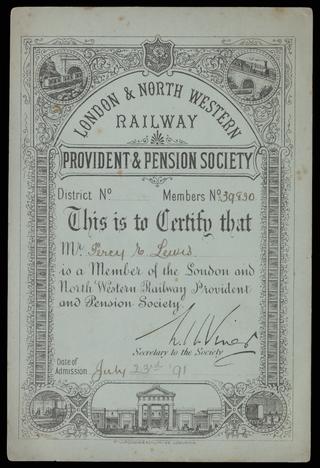 Membership certificate issued by London & North Western Railway Provident & Pension Society to Mr Percy E Lewis