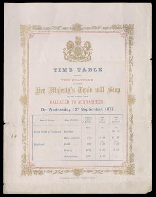 Timetable Showing the Stations at which Her Majesty's Train will stop