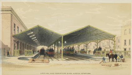Colour lithograph 'London and Birmingham Railway - Arrival and Departure Shed, Euston Station', drawn and lithographed by J C Cooke, 1839
