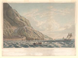 Colour lithograph 'Viaduct, Tunnel and Sea Wall at the foot of Penmaenmawr', by S Russell, 1849