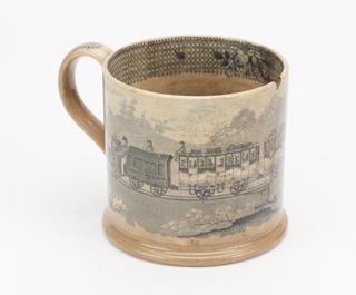 Mug, ceramic, transfer-printed 0-2-2 locomotive `London' handling 2 first-class carriages