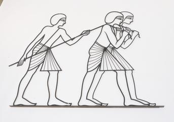 Mural of Egyptian Agriculture, three Egyptian men, one supporting and two pulling the plough