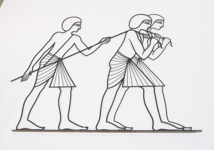 Mural of Egyptian Agriculture, three Egyptian men, one supporting and two pulling the plough