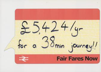 Annotated demonstration placard for the "Fair Fares Now" campaign
