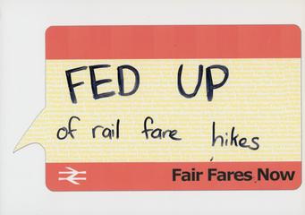 Annotated demonstration placard for the "Fair Fares Now" campaign