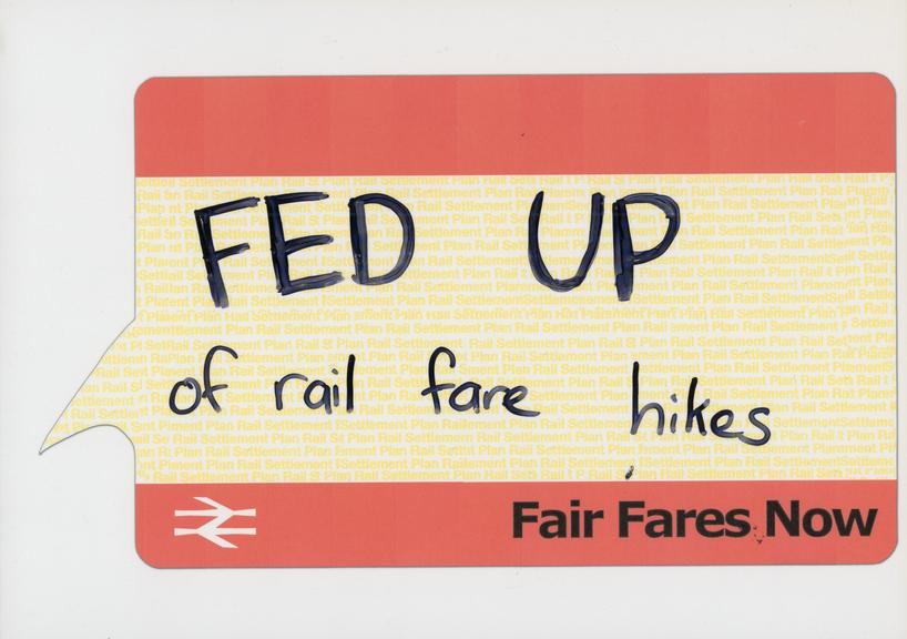 Annotated demonstration placard for the "Fair Fares Now" campaign