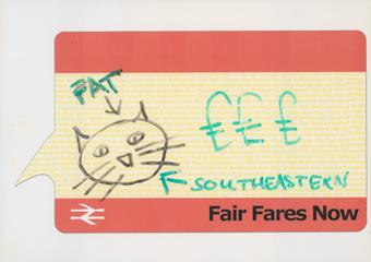 Annotated demonstration placard for the "Fair Fares Now" campaign