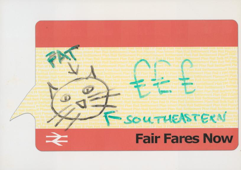 Annotated demonstration placard for the "Fair Fares Now" campaign