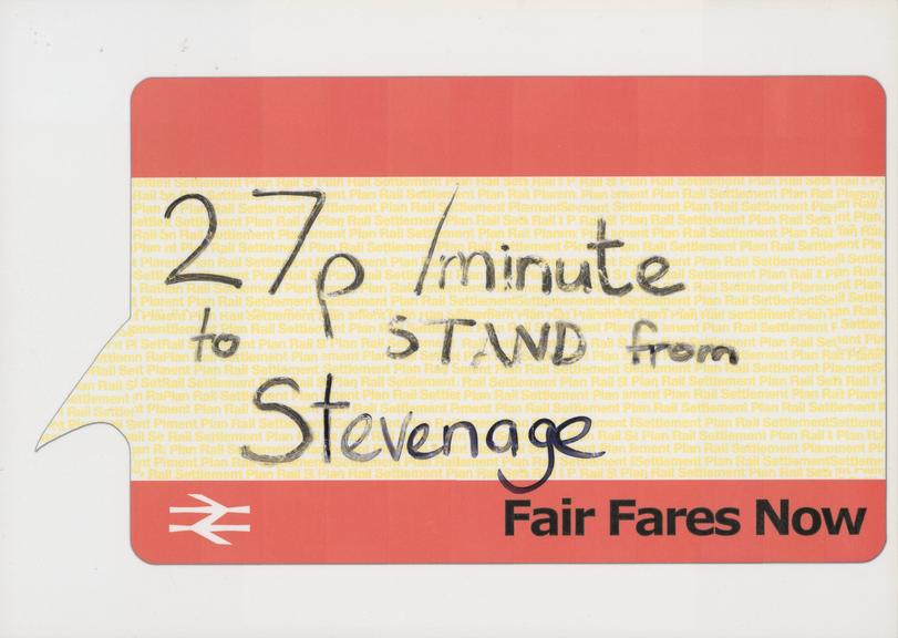 Annotated demonstration placard for the "Fair Fares Now" campaign