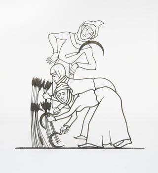 Mural of three Medieval men harvesting with sickles, two cropping and one leaning onto side