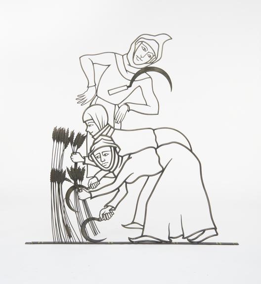 Mural of three Medieval men harvesting with sickles, two cropping and one leaning onto side