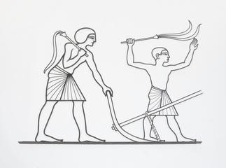 Egyptian Agriculture, Egyptian man holding a whip while supporting ox-driven plough and a boy holding a whip