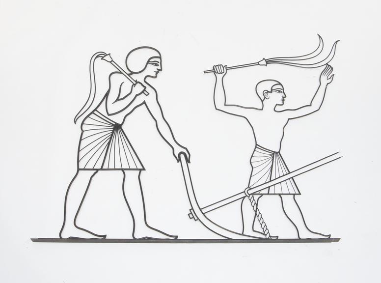 Egyptian Agriculture, Egyptian man holding a whip while supporting ox-driven plough and a boy holding a whip