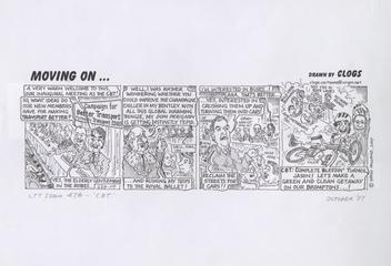 Printed cartoon entitled "Moving on" announcing the 2007 name change of Transport 2000 to Campaign for Better Transport, October 2007