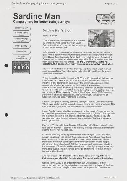 Printed copy of a 30 March 2007 blog from the Sardine Man campaign website