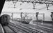 An electric locomotive with a train at Sheffield station, 1959