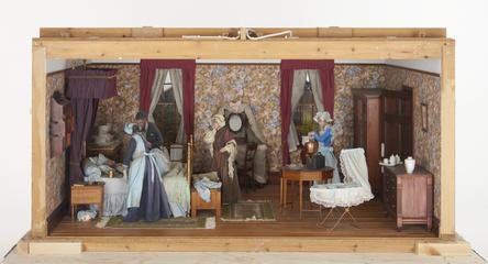 Diorama illustrating childbirth in the 1860s, England, made in 1979