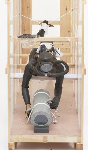 Full size dummy figure with swimsuit, single-cylinder aqualung and flippers